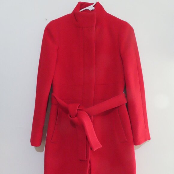 J.Crew Funnel Neck Red Coat with Tie Belt Size 0 - Picture 1 of 11
